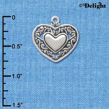 C3746 tlf - 2-D Silver Heart with Scroll Border - Silver Charm (6 per package)
