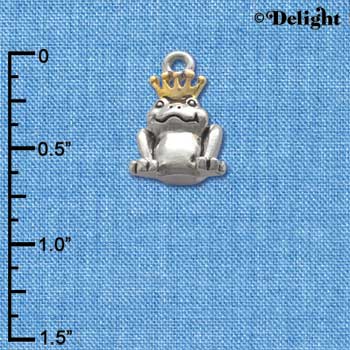 C3756 tlf - Silver Frog Prince with Gold Crown - Silver Charm (2 per package)