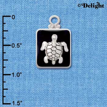 C3813 tlf - Turtle on Black Pendant with Silver Frame - Silver Charm (6 per package)