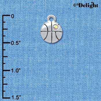 C3966tlf - Small Silver 2-D Basketball with a AB Swarovski Crystal - Silver Charm (6 per package)