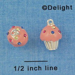 C4033+14 tlf - Medium Pink Cupcake with Multicolored Swarovski Crystal Sprinkles - Silver Plated Charm (6 per package)