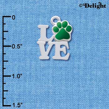 C4049 tlf - Silver Love with Green Paw - Silver Charm (6 per package)