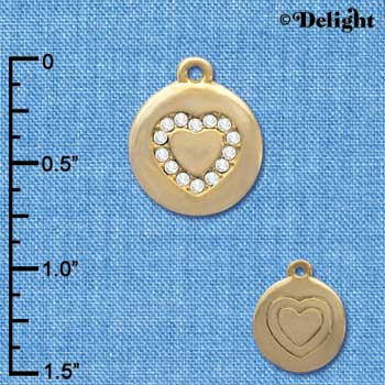 C4057 tlf - Disc with Swarovski Crystal Heart - Gold Charm (2 per package)