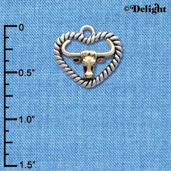 C4068 tlf - Gold Longhorn in Silver Rope Heart - Im. Rhodium and Gold Plated Charm (6 per package)