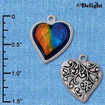 C4070* tlf - Blue, Green, Yellow Resin Heart in Floral Heart Frame - Silver Plated Charm
