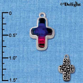 C4073* tlf - Blue, Purple, Pink Resin Thin Cross in Floral Thin Cross Frame - Silver Plated Charm