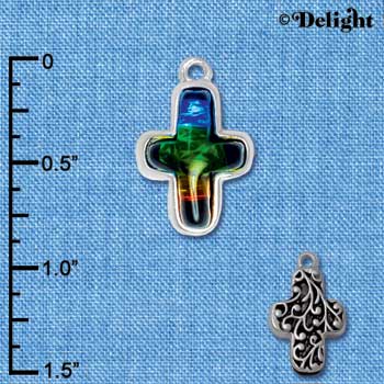 C4074* tlf - Blue, Green, Yellow Resin Thin Cross in Floral Thin Cross Frame - Silver Plated Charm
