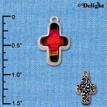 C4076* tlf - Pink, Orange, Yellow Resin Thin Cross in Floral Thin Cross Frame - Silver Plated Charm