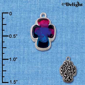 C4077* tlf - Blue, Purple, Pink Resin Celtic Cross in Floral Celtic Cross Frame - Silver Plated Charm