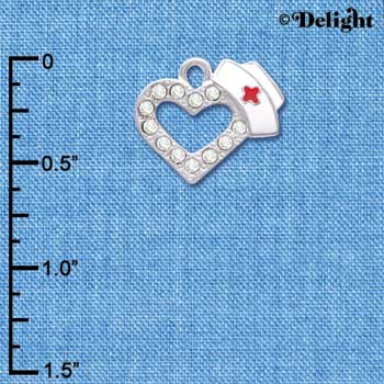 C4082 tlf - Small Swarovski Crystal Heart with Nurse Hat - Silver Plated Charm (2 per package)