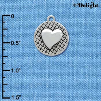 C4083+ tlf - Heart on Hatched Disc - Silver Plated Charm (6 per package)