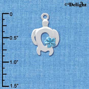 C4099 tlf - Open Sea Turtle with Pearl Blue Plumeria Flower - Silver Plated Charm (6 per package)