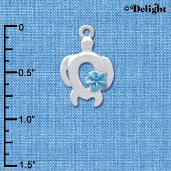 C4099 tlf - Open Sea Turtle with Pearl Blue Plumeria Flower - Silver Plated Charm (6 per package)