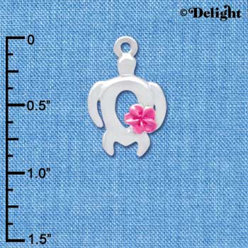 C4100 tlf - Open Sea Turtle with Hot Pink Plumeria Flower - Silver Plated Charm (6 per package)