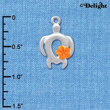 C4101 tlf - Open Sea Turtle with Hot Orange Plumeria Flower - Silver Plated Charm (6 per package)