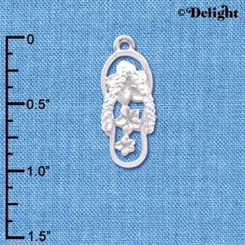 C4102 tlf - Pearl White Open Plumeria Flower Flip Flop - Silver Plated Charm (6 per package)