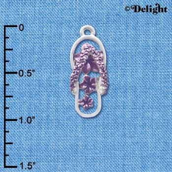 C4104 tlf - Pearl Purple Open Plumeria Flower Flip Flop - Silver Plated Charm (6 per package)