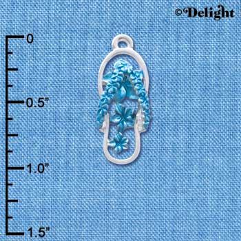 C4105 tlf - Pearl Blue Open Plumeria Flower Flip Flop - Silver Plated Charm (6 per package)