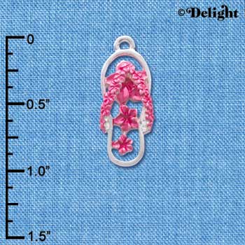 C4106 tlf - Hot Pink Open Plumeria Flower Flip Flop - Silver Plated Charm (6 per package)