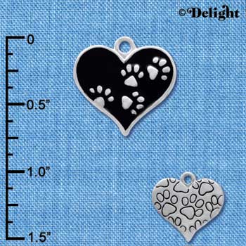 C4144+ tlf - Black Enamel Heart with Silver Paw Prints - Silver Plated Charm (6 per package)