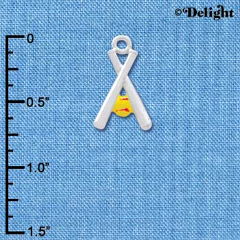 C4157+ tlf - Silver Pair of Crossed Bats with Enamel Softball - Silver Plated charm (6 charms per package)