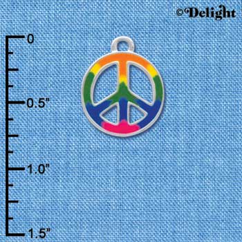 C4188 tlf - Large Rainbow Colored Peace Sign - Silver Plated Charm (6 per package)