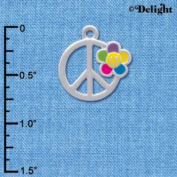 C4189 tlf - Large Multicolored Daisy on Peace Sign - Silver Plated Charm (6 per package)