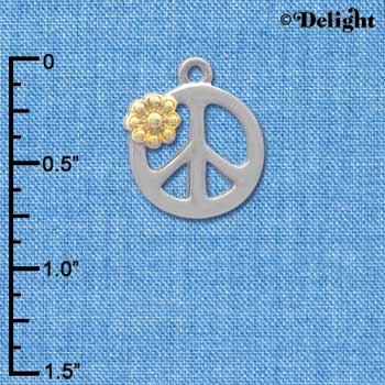 C4190 tlf - Large Silver Peace Sign with Gold Daisy and Swarovski Crystal - Im. Rhodium & Gold Plated Charm (6 per package)