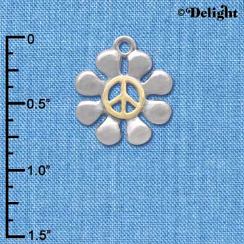 C4191 tlf - Large Silver Daisy with Gold Peace Sign - Im. Rhodium & Gold Plated Charm (6 per package)