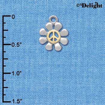 C4192 tlf - Small Silver Daisy with Gold Peace Sign - Im. Rhodium & Gold Plated Charm (6 per package)