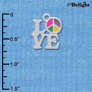 C4212 tlf - Love with Translucent Multicolored Peace Sign - Silver Plated Charm (6 per package)
