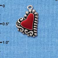 C1029* - Heart Red Fancy Silver Charm (left & right) (6 charms per package)