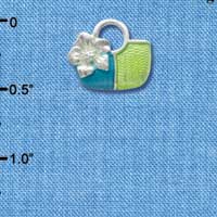 C2457 - Purse with Flower - Blue and Green - Silver Charm (6 charms per package)