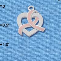 C2574 - Heart Outline with Pink Ribbon Looping Through - Silver Charm ( 6 charms per package )