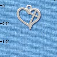 C2588 - Heart Outline with diagonal Cross - Silver Charm ( 6 charms per package )