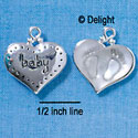 C2869+ - 2-Sided Clear Frosted Baby Feet Impression Heart - Silver Charm ( 6 charms per package )