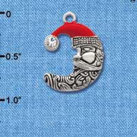C2897 - Crescent Moon Enamel Santa Face with Swarovski Crystal - Silver Charm (6 charms per package)