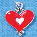 C2920+ - Red and White Enamel Heart Charm - Silver Charm (6 charms per package)