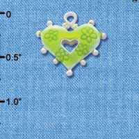 C2929+ - 2 Sided Lime Green Enamel Heart with Flowers - Silver Charm (6 charms per package)