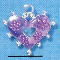 C2932+ - 2 Sided Hot Purple Enamel Heart with Flowers - Silver Charm (6 charms per package)