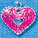 C2933+ - 2 Sided Hot Pink Enamel Swirl Heart with Beaded Border - Silver Charm (6 charms per package)