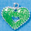 C2935+ - 2 Sided Lime Green Enamel Swirl Heart with Beaded Border - Silver Charm (6 charms per package)