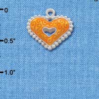 C2937+ - 2 Sided Hot Orange Enamel Swirl Heart with Beaded Border - Silver Charm (6 charms per package)