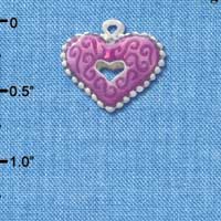 C2938+ - 2 Sided Hot Purple Enamel Swirl Heart with Beaded Border - Silver Charm (6 charms per package)