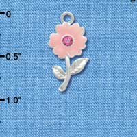 C2969+ - Pink Enamel Flower with Pink Swarovski Crystal - 2 Sided - Silver Charm (6 charms per package)