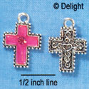 C2972+ - Hot Pink Resin Cross with Beaded Border & Swarovski Crystal - Silver Charm (6 charms per package)