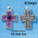 C2973+ - Purple Resin Cross with Beaded Border & Swarovski Crystal - Silver Charm (6 charms per package)