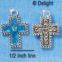 C2974+ - Blue Resin Cross with Beaded Border & Swarovski Crystal - Silver Charm (6 charms per package)