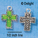 C2975+ - Lime Green Resin Cross with Beaded Border & Swarovski Crystal - Silver Charm (6 charms per package)