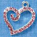 C3138 - Pink Swarovski Curled Heart - Silver Charm (Left and Right) (2 per package)